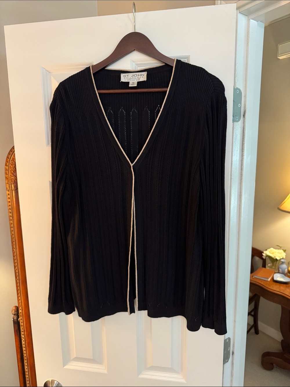 St. John Collection Black V-Neck Sweater with Cream Trim